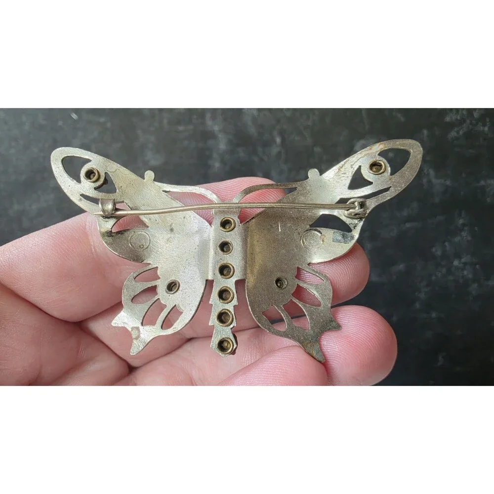 Rhinestone Silver Tone Metal Butterfly Brooch Vintage Costume Jewelry